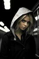 a woman wearing a black jacket and a hoodie generative ai photo