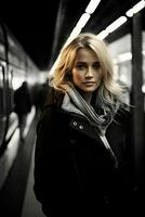 a woman standing in a subway station photo