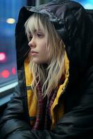 a woman wearing a black and yellow jacket generative ai photo