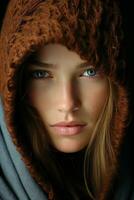 a woman wearing a brown hoodie generative ai photo