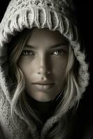 a woman wearing a hoodie and looking into the camera generative ai photo
