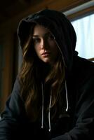 a woman wearing a hoodie generative ai photo