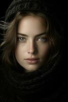 a woman with blue eyes and a black scarf generative ai photo