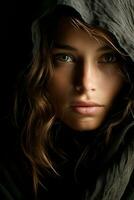 a woman with a hood on her head generative ai photo