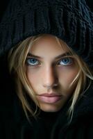 a woman with blue eyes in a black hoodie generative ai photo