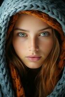 a woman with blue eyes and a knitted scarf generative ai photo