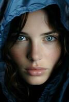 a woman with blue eyes is wearing a blue hood generative ai photo