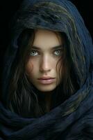 a woman with blue eyes is wearing a blue shawl generative ai photo
