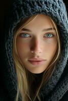 a woman with blue eyes wearing a hoodie generative ai photo