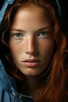 a woman with freckles in a blue jacket generative ai photo