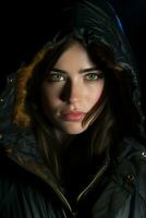 a woman with green eyes in a hooded jacket generative ai photo