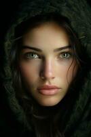 a woman with green eyes is wearing a hood generative ai photo