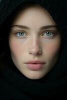 a woman with green eyes wearing a black scarf generative ai photo