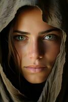 a woman with green eyes is wearing a hood generative ai photo