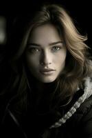 a woman with long hair and a black jacket generative ai photo