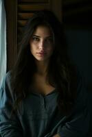 a woman with long dark hair sitting in front of a window generative ai photo