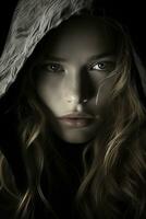 a woman with long hair and a hood on her head generative ai photo