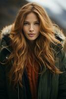 a woman with long red hair and a green jacket generative ai photo