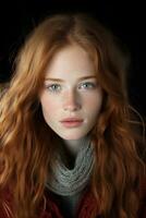 a woman with long red hair and blue eyes generative ai photo