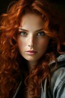 a woman with long red hair and blue eyes generative ai photo