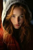 a woman with long red hair in a hooded jacket generative ai photo