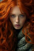 a woman with long red hair and green eyes generative ai photo