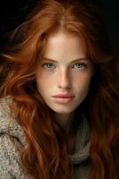 a woman with long red hair and green eyes generative ai photo