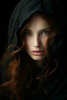 a woman with long red hair is wearing a black cloak generative ai photo