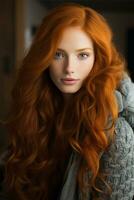 a woman with long red hair posing for the camera photo