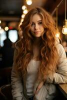 a woman with long red hair sitting at a table photo