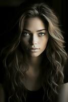 a woman with long wavy hair and blue eyes generative ai photo