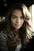 a woman with long wavy hair sitting in a car generative ai photo