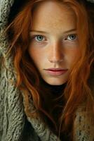 a woman with red hair and blue eyes photo