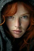 a woman with red hair and freckles in a hoodie generative ai photo