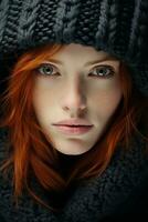 a woman with red hair wearing a knitted hat generative ai photo