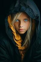 a young girl in a hooded jacket with blue eyes generative ai photo