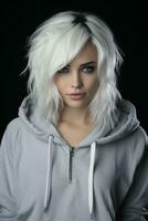 un mujer con blanco pelo en un gris capucha generativo ai foto