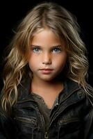 a young girl in a leather jacket with blue eyes generative ai photo