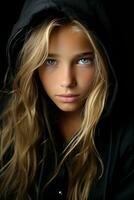 a young girl in a black hoodie generative ai photo