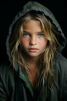 a young girl in a hoodie with blue eyes generative ai photo