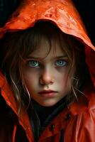 a young girl in an orange raincoat generative ai photo