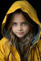 un joven niña en un amarillo impermeable generativo ai foto