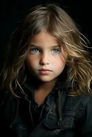 a young girl with blue eyes and a black jacket generative ai photo