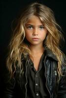 a young girl with long blonde hair wearing a leather jacket generative ai photo