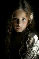 a young girl with long curly hair and blue eyes generative ai photo