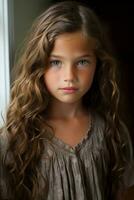 a young girl with long curly hair standing in front of a window photo