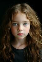 un joven niña con largo Rizado pelo y verde ojos generativo ai foto