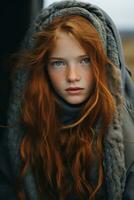 a young girl with long red hair wearing a blanket generative ai photo