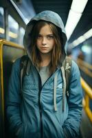 a young woman in a blue jacket standing on a subway platform generative ai photo