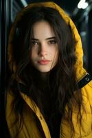 a young woman in a yellow jacket generative ai photo